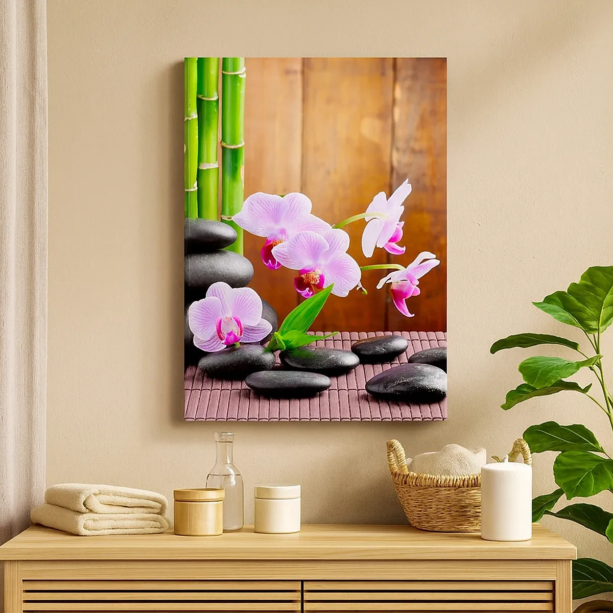 Bild auf Leinwand - Leinwandbild - Bambus, Steine und rosa Orchideen im Zen-Stil auf Holzhintergrund - 50x70cm - Treffen Sie die Freuden des Ostens - Moderne Wanddekoration für Wohnzimmer und Schlafzimmer ARTTOR