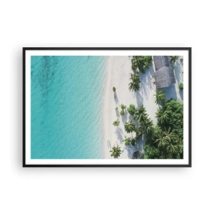 Poster in einem schwarzem Rahmen - Eine Vogelperspektive auf einen tropischen Strand mit türkisfarbenem Wasser und Palmen - 100x70cm - Urlaub im Paradies - Moderne Wanddekoration für Wohnzimmer und Schlafzimmer ARTTOR