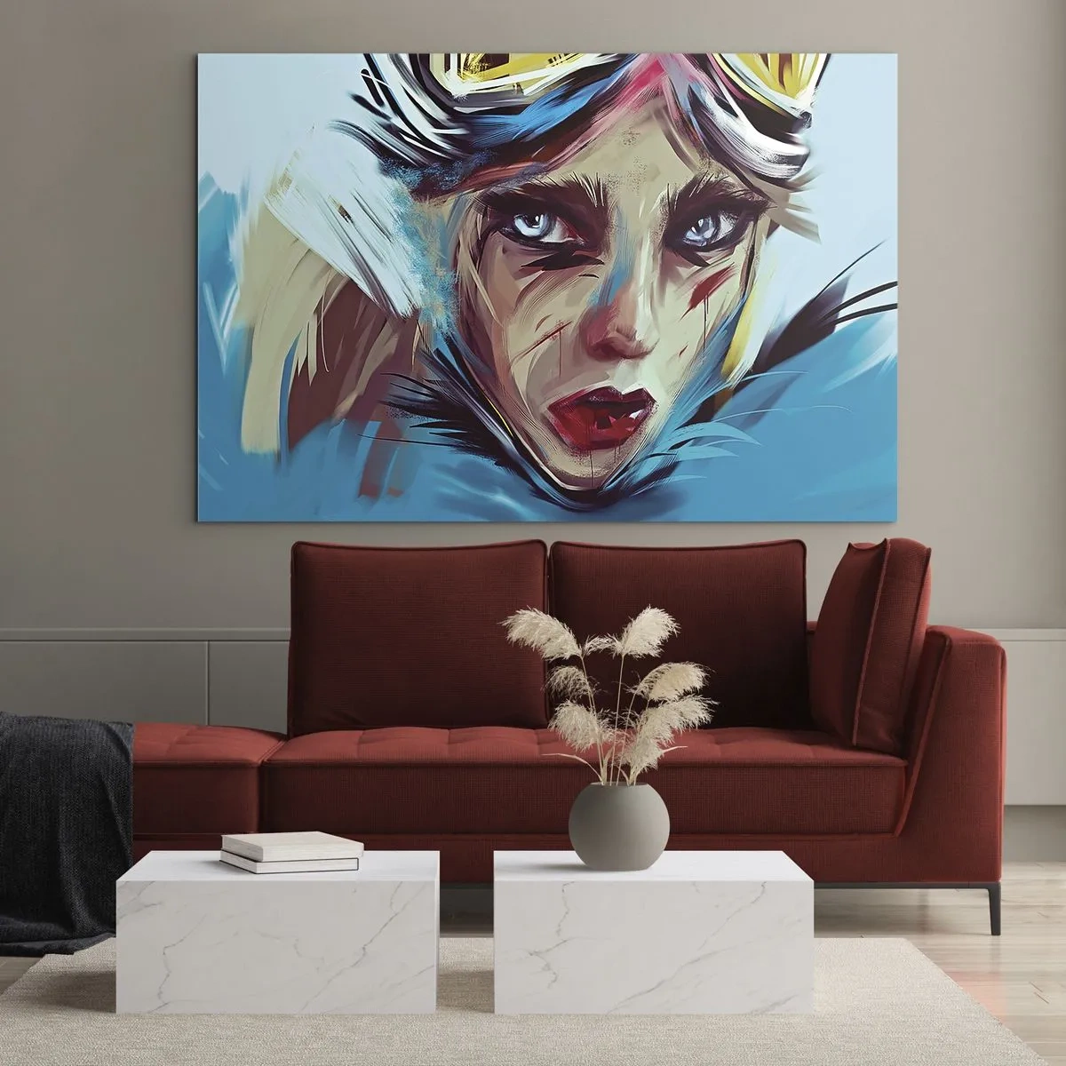 Glasbild - Bild auf glas - Porträt einer Frau mit Schutzbrille und blauen Pinselstrichen - 70x50cm - Strassenkämpferin - Moderne Wanddekoration für Wohnzimmer und Schlafzimmer ARTTOR
