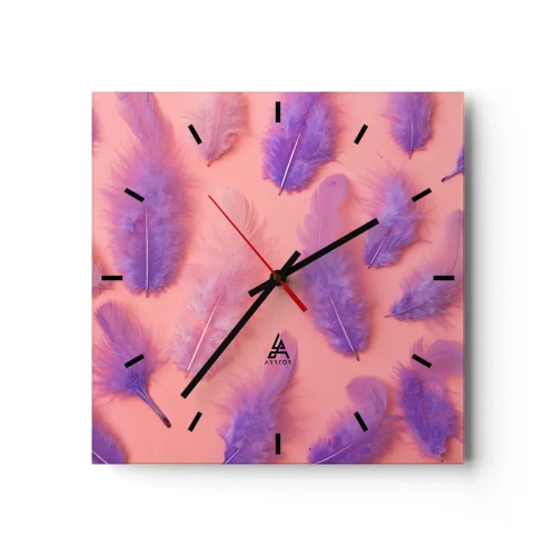 Wanduhr - Glasuhr - Lila und rosa Federn auf pastellfarbenem Hintergrund - 30x30cm - Lila Vogel der Begierde - Moderne Wanddekoration für Wohnzimmer und Schlafzimmer ARTTOR