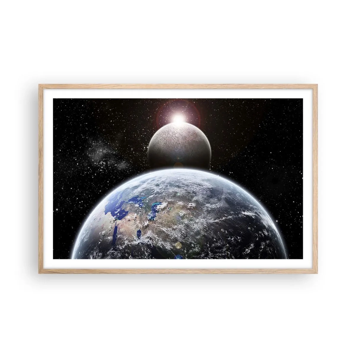Poster in einem Rahmen aus heller Eiche - Weltraumlandschaft - Sonnenaufgang - 91x61 cm