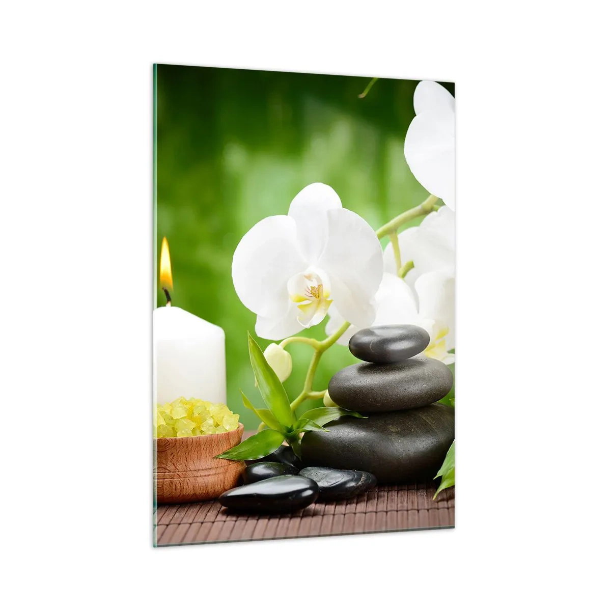 Glasbild - Bild auf glas - Spa mit Orchideen, Steinen und Kerzen vor grünem Hintergrund - 50x70cm - Duftige, blumige, zarte Berührung - Moderne Wanddekoration für Wohnzimmer und Schlafzimmer ARTTOR