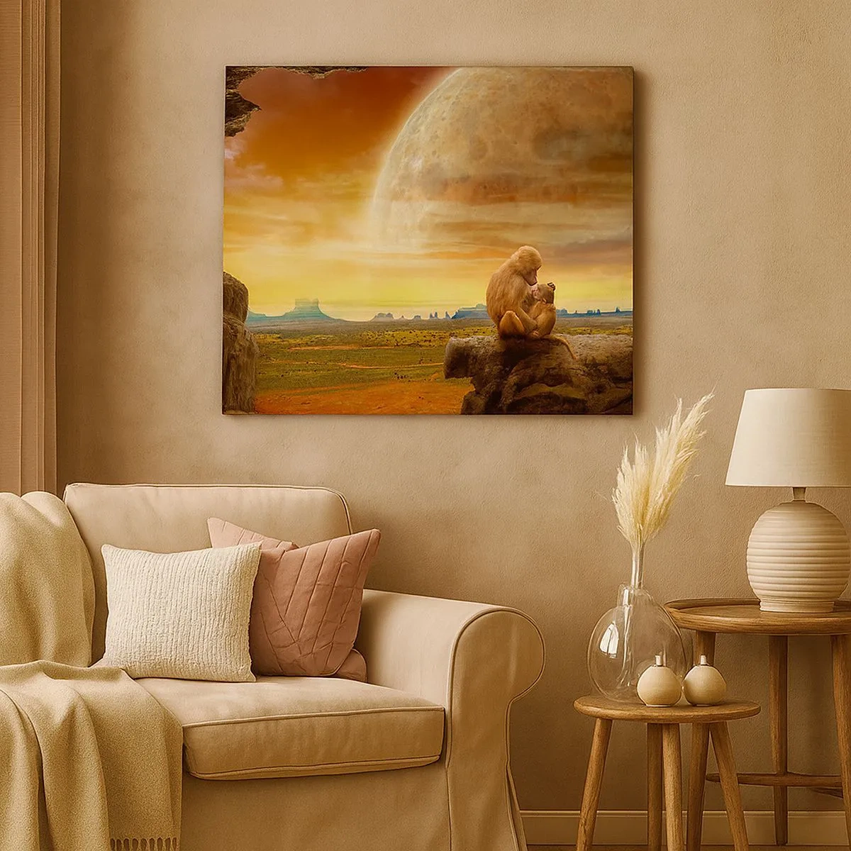 Bild auf Leinwand - Leinwandbild - Affen sitzen auf einem Felsen in einer surrealen Landschaft mit einem riesigen Planeten - 70x50cm - Die Liebe ist überall gleich - Moderne Wanddekoration für Wohnzimmer und Schlafzimmer ARTTOR