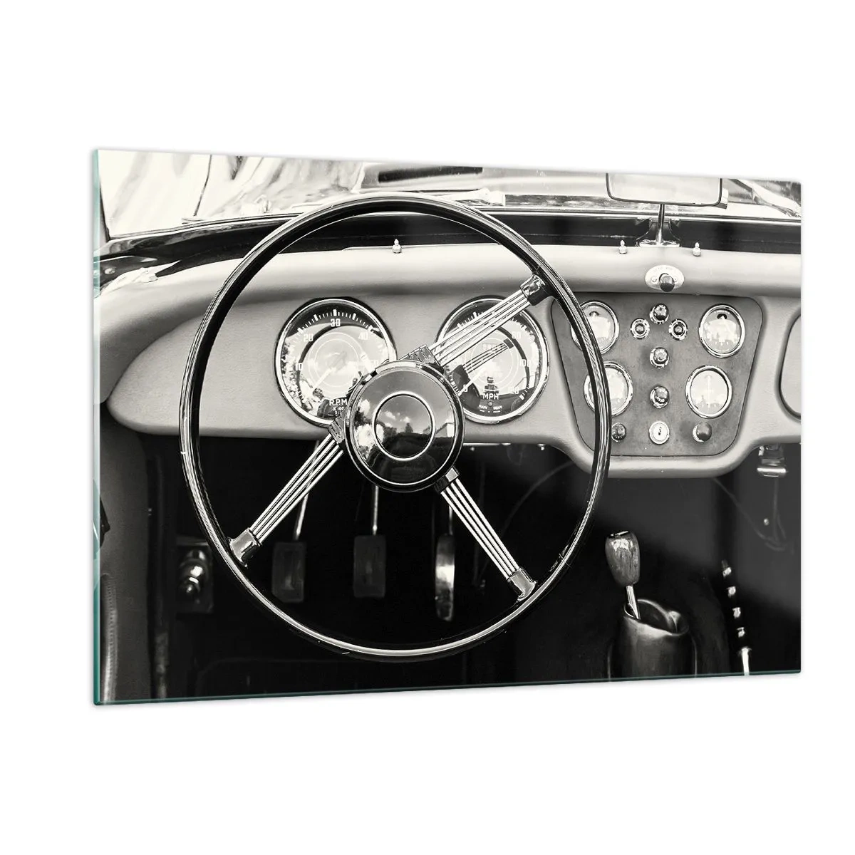 Glasbild - Bild auf glas - Das Lenkrad und die Uhren eines Oldtimers in Sepia - 120x80cm - Ein Sammlertraum - Moderne Wanddekoration für Wohnzimmer und Schlafzimmer ARTTOR