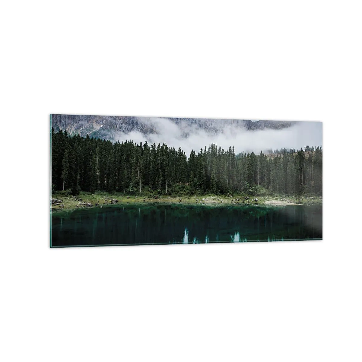 Glasbild - Bild auf glas - Eine Berglandschaft mit einem Wald und einem See, in dem sich der Himmel spiegelt - 120x50cm - Leise, leise, lass uns das Trinkwasser nicht wecken ... - Moderne Wanddekoration für Wohnzimmer und Schlafzimmer ARTTOR
