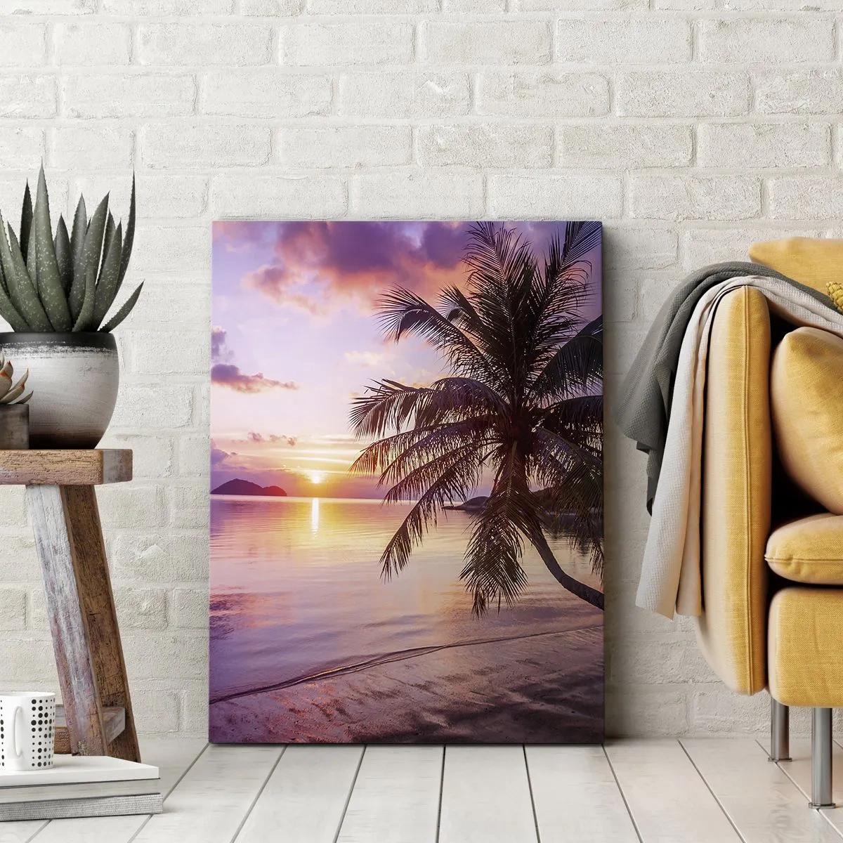 Bild auf Leinwand - Leinwandbild - Tropischer Strand mit Palmen bei Sonnenuntergang - 70x100cm - Behaglichkeit bis zum Horizont - Moderne Wanddekoration für Wohnzimmer und Schlafzimmer ARTTOR