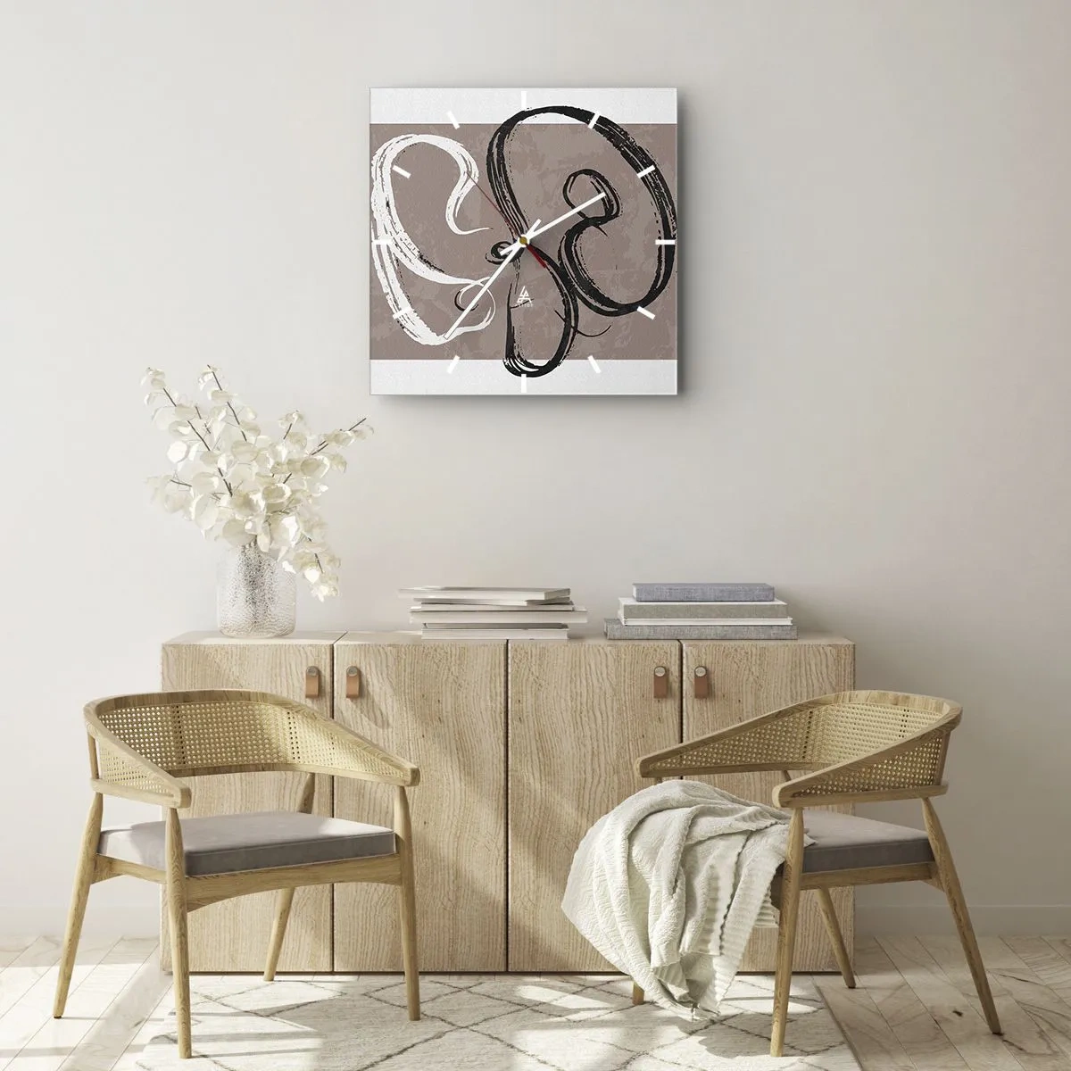 Wanduhr - Glasuhr - Schwarz-weiße Abstraktion auf beigem Hintergrund - 30x30cm - Komposition – die Suche nach Fülle - Moderne Wanddekoration für Wohnzimmer und Schlafzimmer ARTTOR