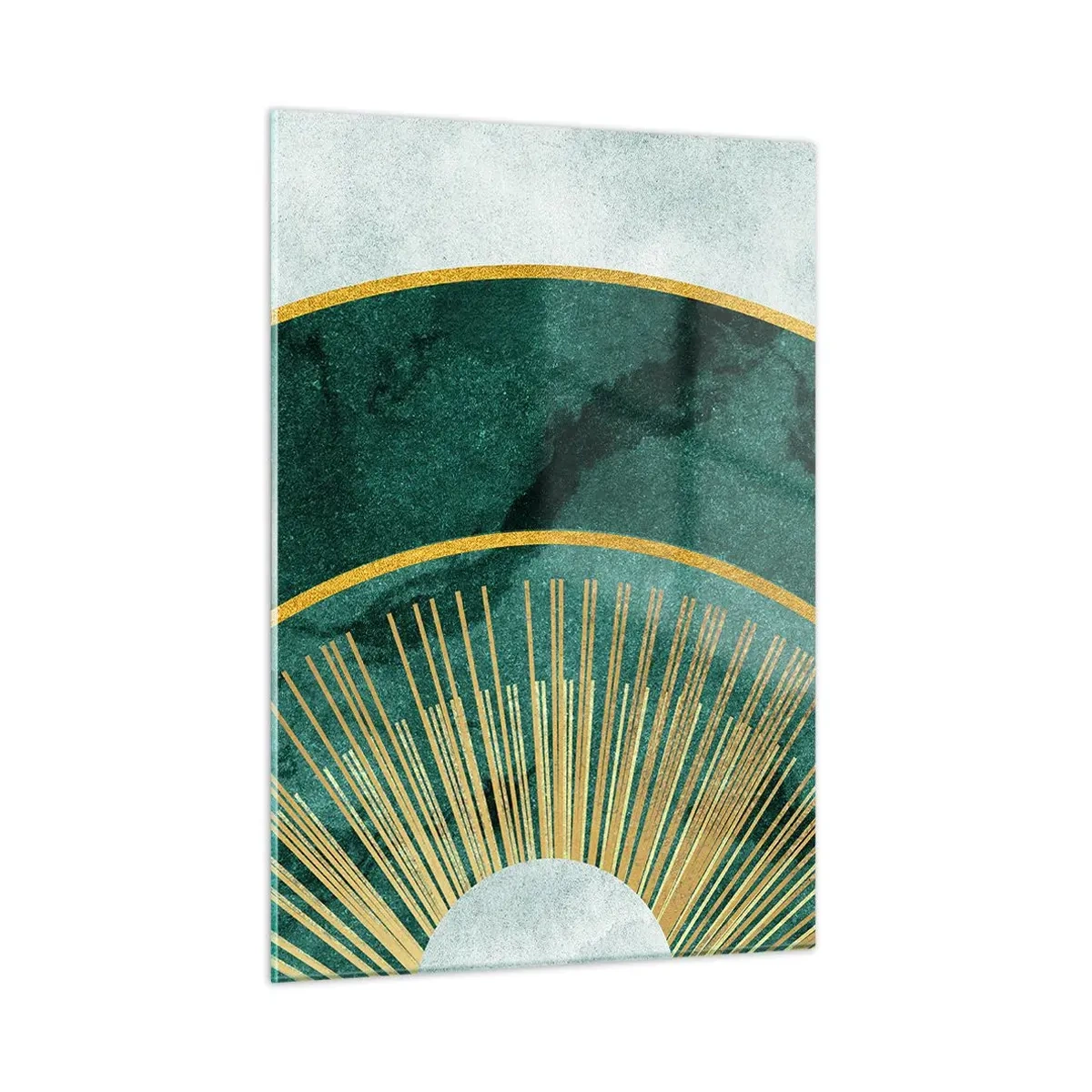 Glasbild - Bild auf glas - Goldene Strahlen vor einem Hintergrund aus grünen Halbkreisen mit Marmorstruktur - 50x70cm - Anderes Sonnensystem - Moderne Wanddekoration für Wohnzimmer und Schlafzimmer ARTTOR