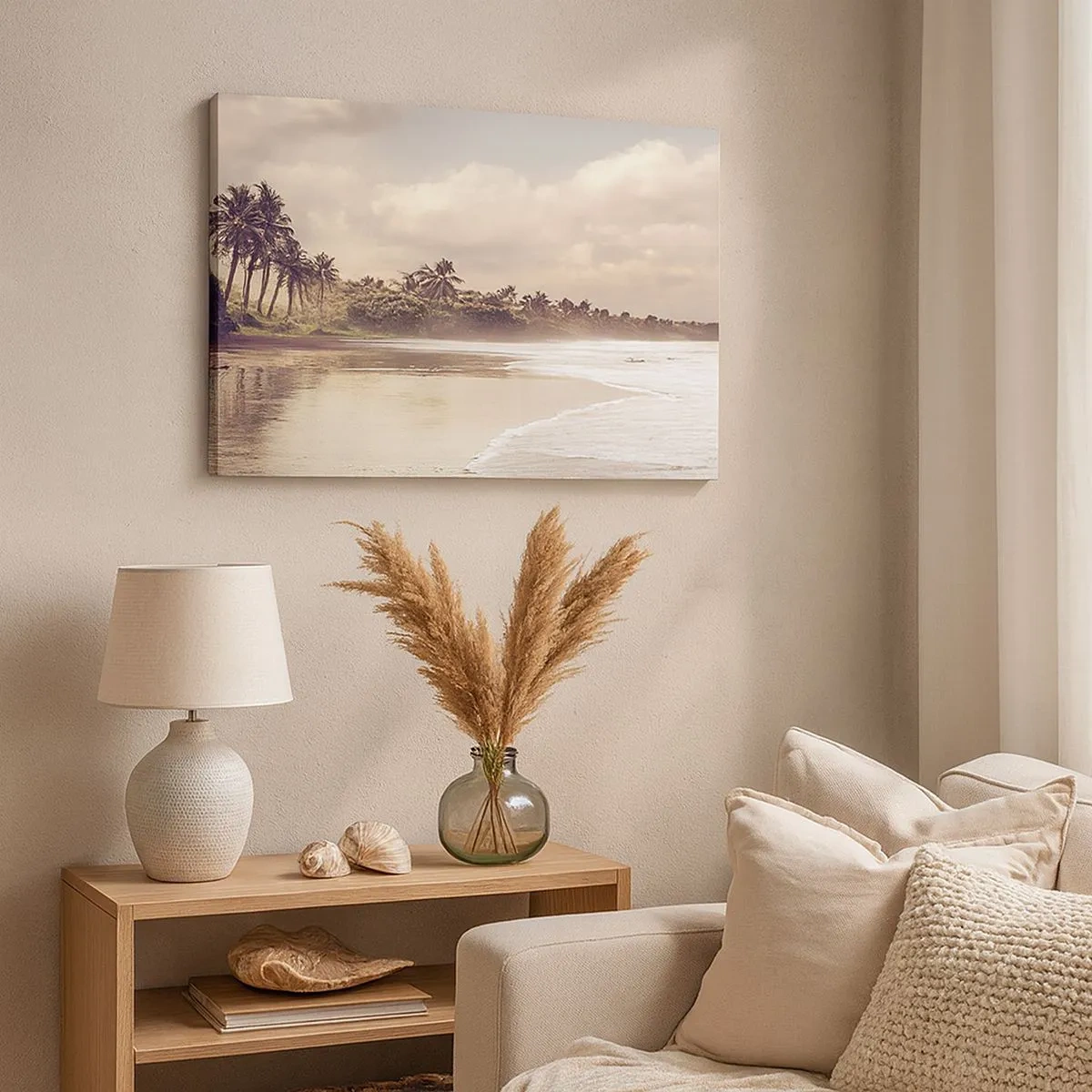 Bild auf Leinwand - Leinwandbild - Ein Strand mit Palmen und sanften Wellen am Morgen - 70x50cm - Die Liebkosung der Wellen - Moderne Wanddekoration für Wohnzimmer und Schlafzimmer ARTTOR