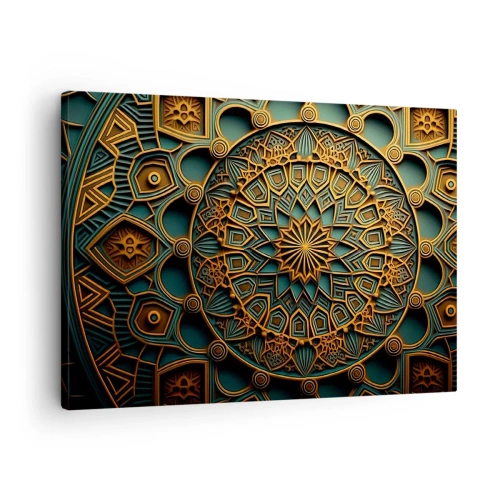Bild auf Leinwand - Leinwandbild - Ein goldenes Mandala auf türkisfarbenem Hintergrund mit vielen Details. - 70x50cm - In arabischer Atmosphäre - Moderne Wanddekoration für Wohnzimmer und Schlafzimmer ARTTOR
