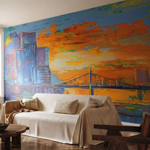 Fototapete Premium Sand - Abstraktes Stadtpanorama in intensiven Farben - 100x70cm - Kultur und Natur - Moderne Wanddekoration für Wohnzimmer und Schlafzimmer ARTTOR