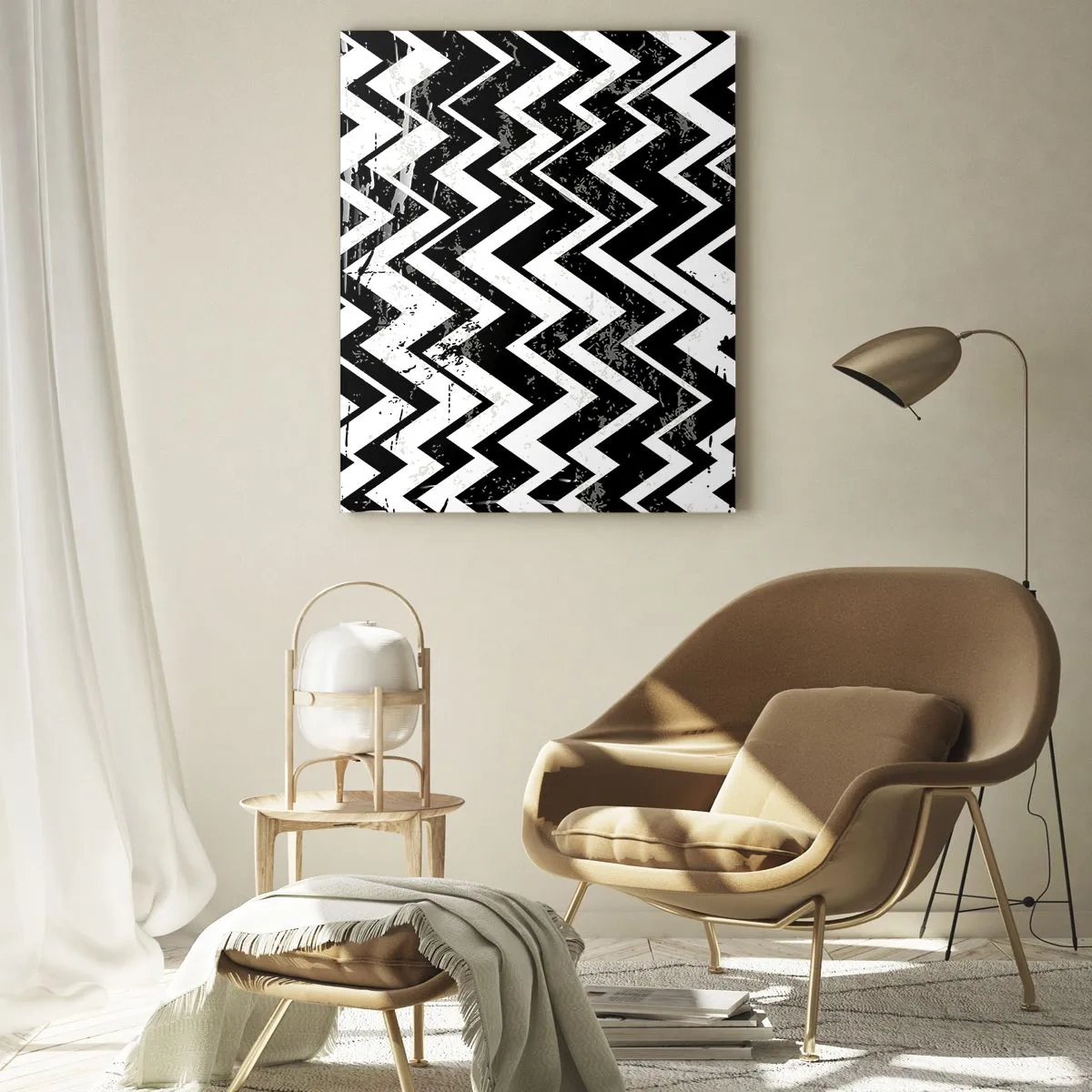 Glasbild - Bild auf glas - Schwarz-weißes Zickzack-Muster mit kunstvollen Abschürfungen - 80x120cm - Zick-weiß, Zack-schwarz - Moderne Wanddekoration für Wohnzimmer und Schlafzimmer ARTTOR