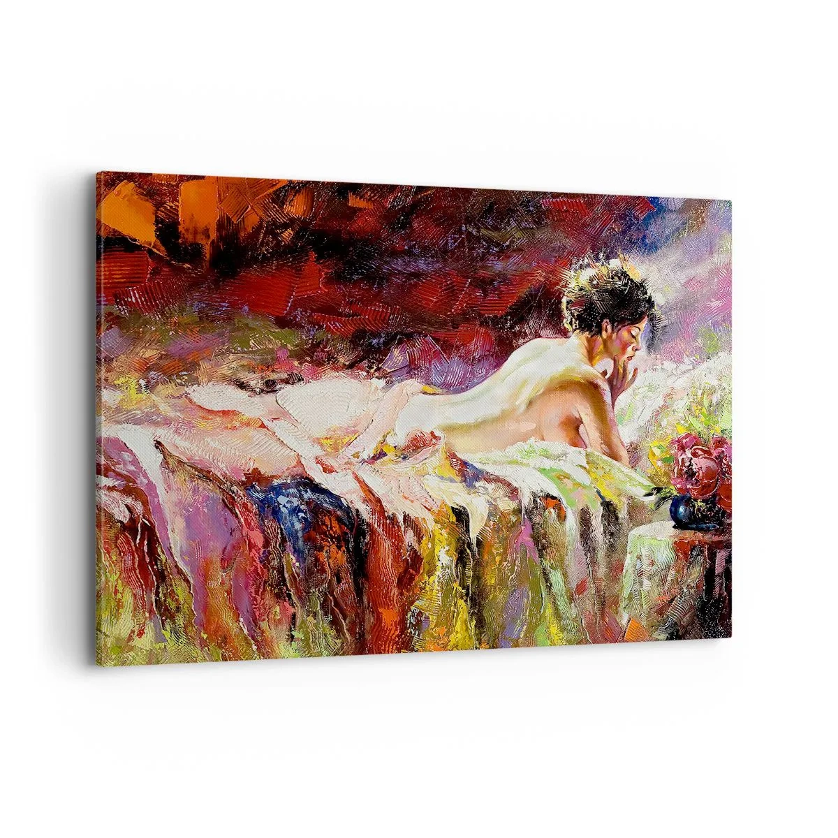 Bild auf Leinwand - Leinwandbild - Eine Frau liegt auf einem Bett vor einem Hintergrund aus abstrakten Farben. - 100x70cm - Venus in Gedanken - Moderne Wanddekoration für Wohnzimmer und Schlafzimmer ARTTOR