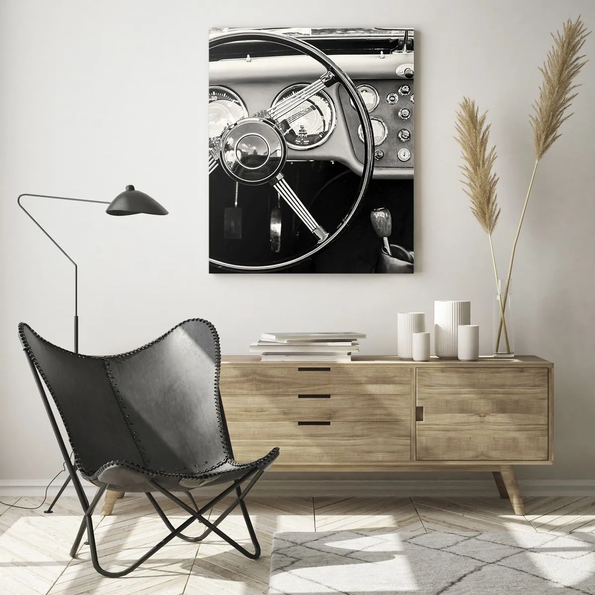 Glasbild - Bild auf glas - Schwarz-weißes Oldtimer-Interieur - 70x100cm - Ein Sammlertraum - Moderne Wanddekoration für Wohnzimmer und Schlafzimmer ARTTOR