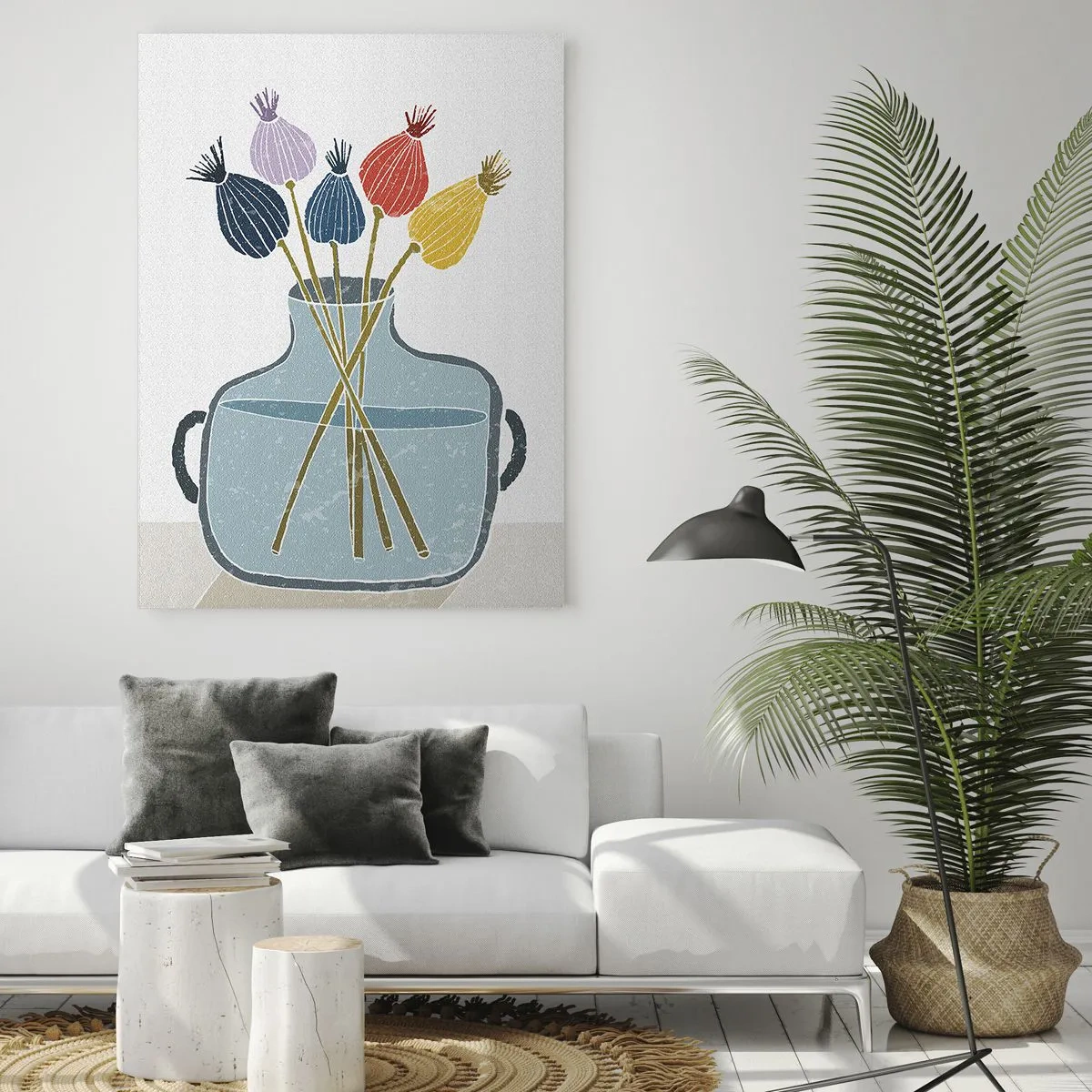 Glasbild - Bild auf glas - Dekorative Mohnköpfe in einer Kanne im grafischen Stil - 50x70cm - Es ist mucksmäuschenstill - Moderne Wanddekoration für Wohnzimmer und Schlafzimmer ARTTOR