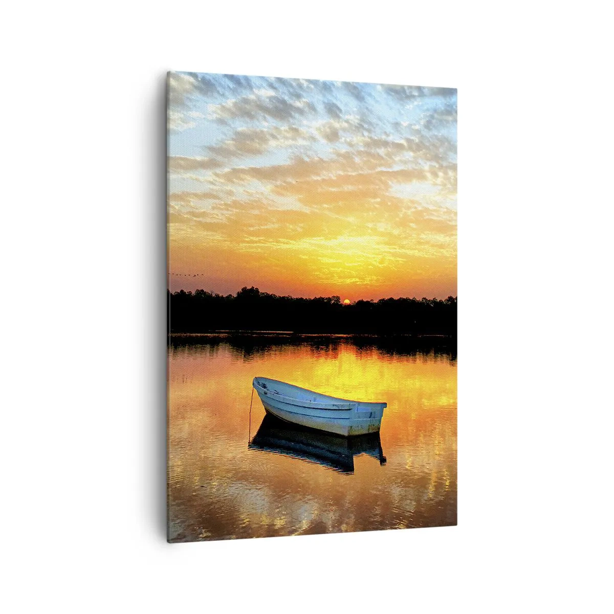 Bild auf Leinwand - Leinwandbild - Ein Boot auf einem ruhigen See bei Sonnenuntergang - 70x100cm - Schauen, hören, meditieren - Moderne Wanddekoration für Wohnzimmer und Schlafzimmer ARTTOR