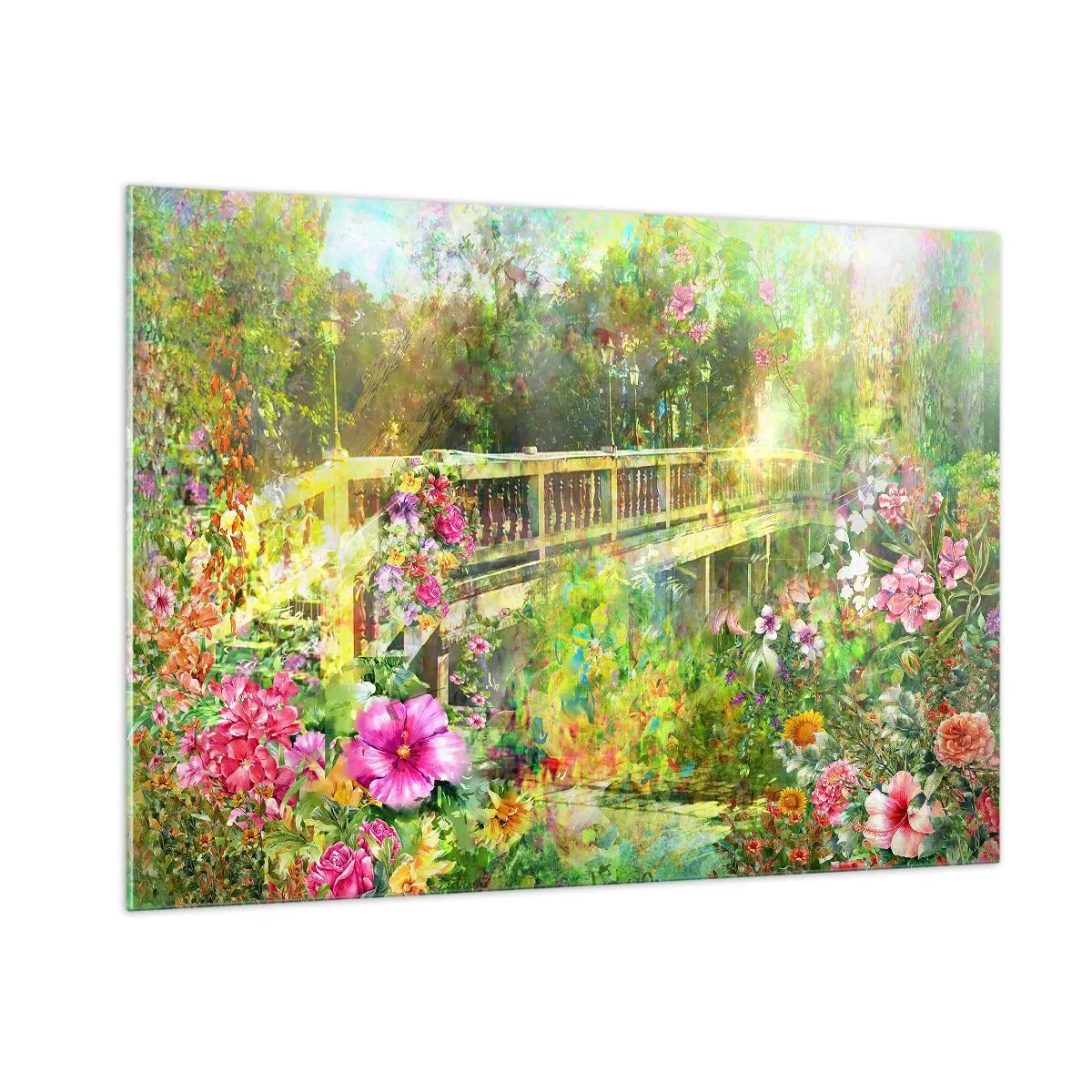 Glasbild - Bild auf glas - Eine Brücke umgeben von üppiger Vegetation und bunten Blumen - 100x70cm - Eine Brücke aus Frühlingsseufzern - Moderne Wanddekoration für Wohnzimmer und Schlafzimmer ARTTOR