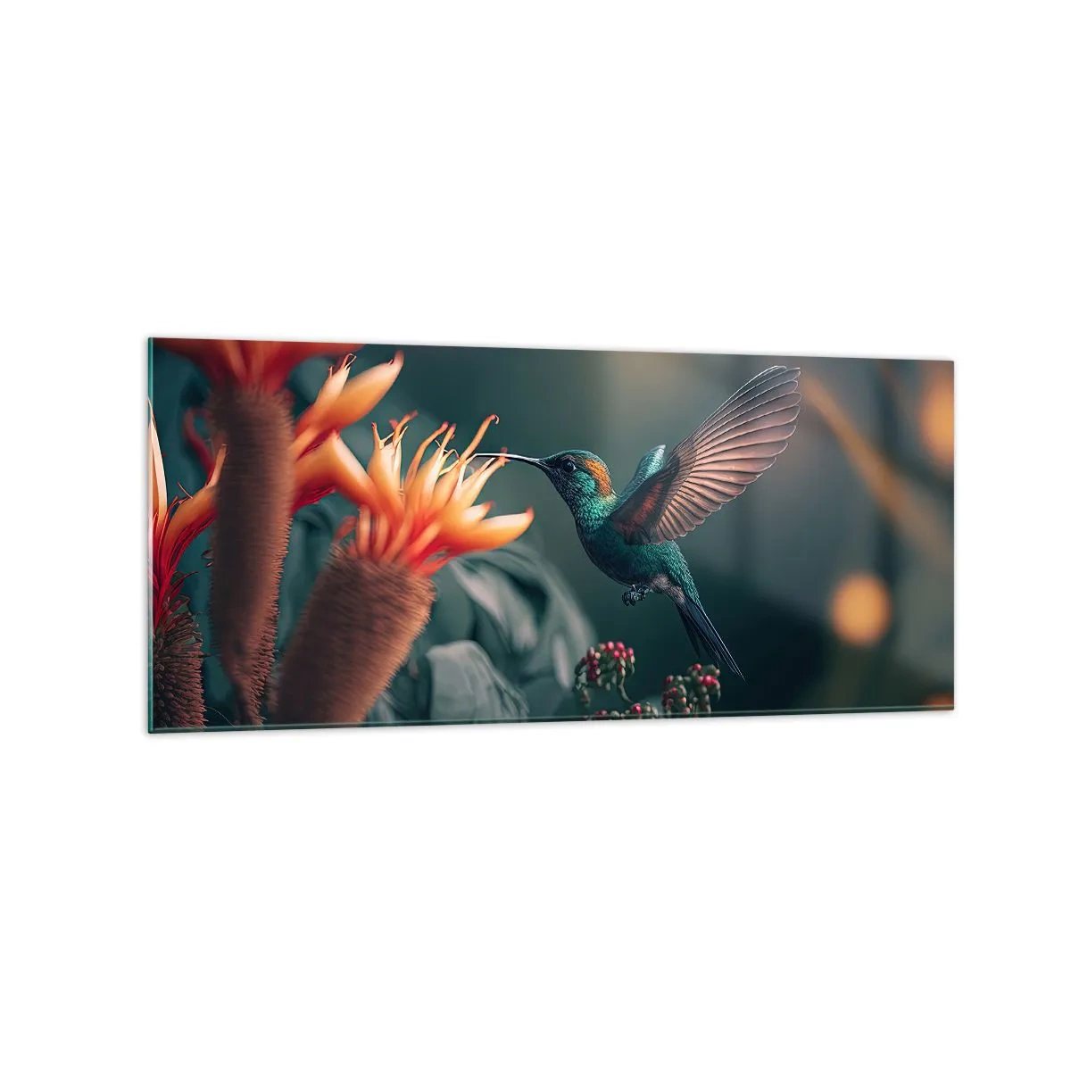 Glasbild - Bild auf glas - Ein bunter Kolibri neben Blumen vor einem natürlichen Hintergrund - 120x50cm - Wirklich buntes Leben - Moderne Wanddekoration für Wohnzimmer und Schlafzimmer ARTTOR