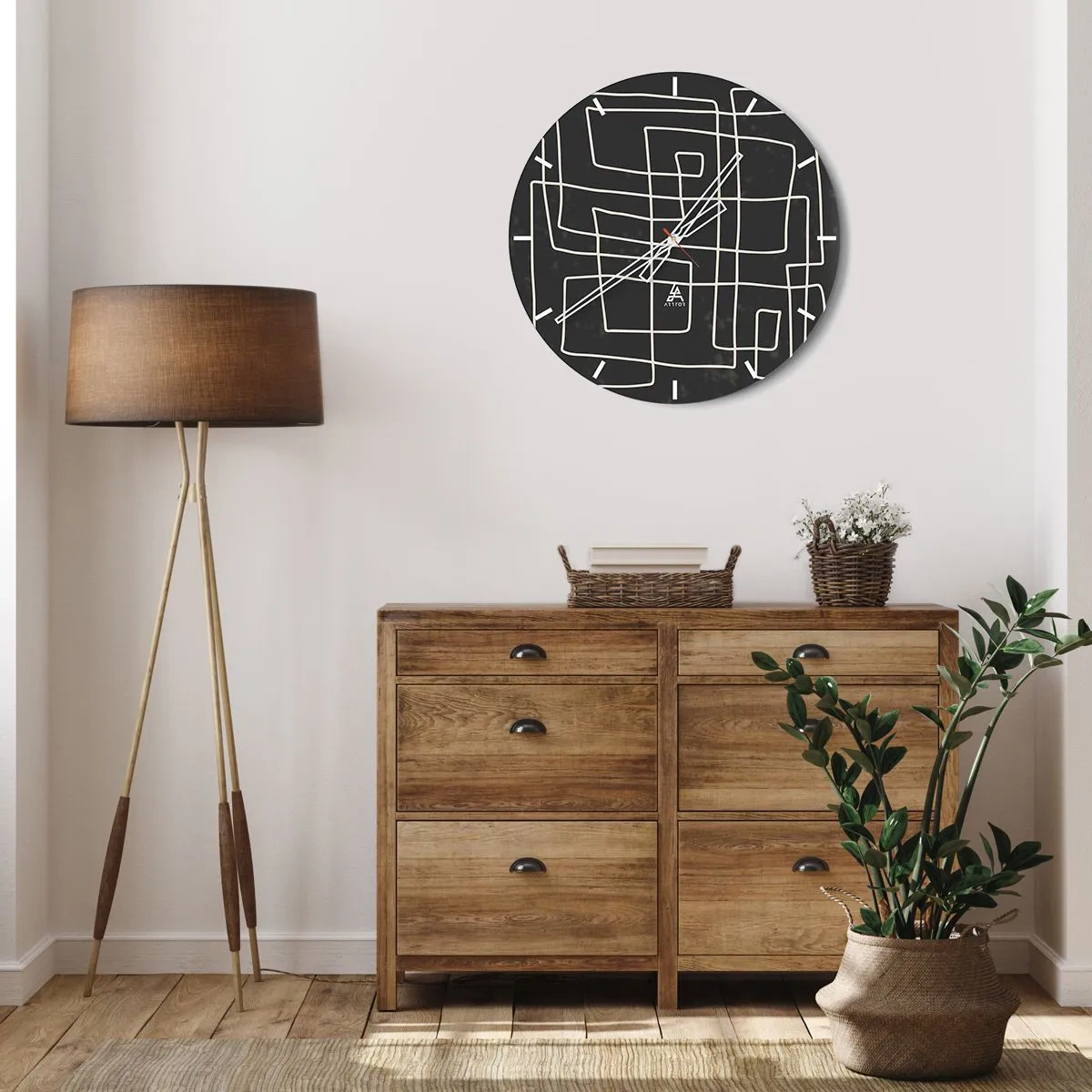 Wanduhr - Glasuhr - Weiße geometrische Linien bilden ein kompliziertes Gitter auf schwarzem Hintergrund. - 30x30cm - Nicht so einfach - Moderne Wanddekoration für Wohnzimmer, Küche und Schlafzimmer ARTTOR