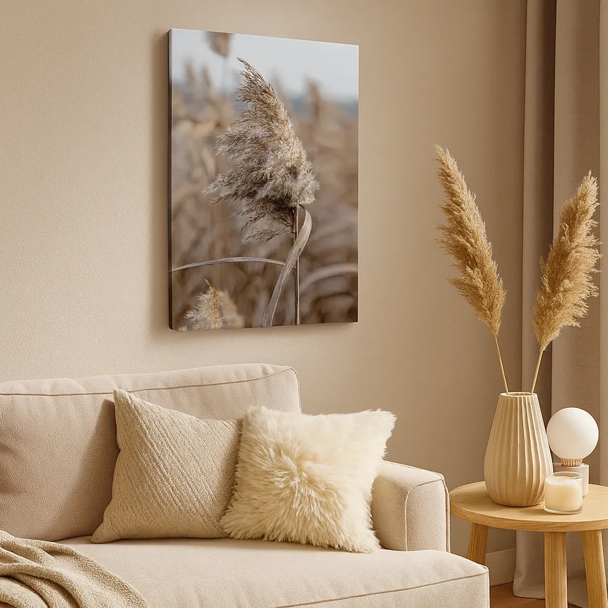 Bild auf Leinwand - Leinwandbild - Zarte Gräser in Beigetönen vor dem Hintergrund der Natur - 50x70cm - Zeit, mit dem Wind zu gehen - Moderne Wanddekoration für Wohnzimmer und Schlafzimmer ARTTOR