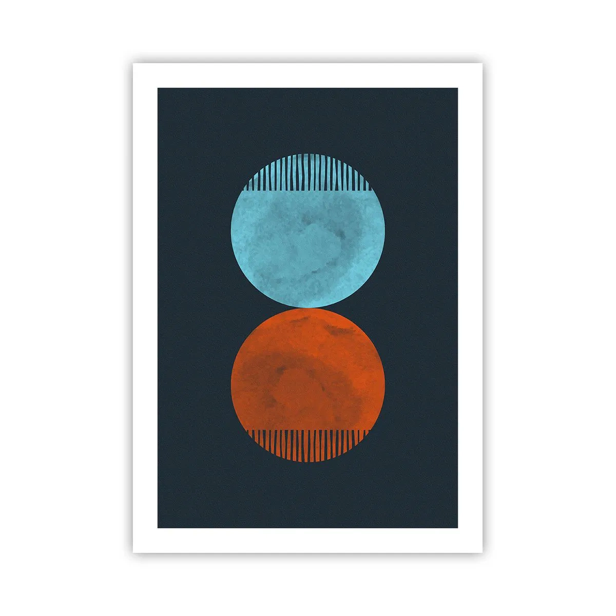 Poster - Zwei Kreise – blau und orange auf marineblauem Hintergrund - 50x70cm - Nur Geometrie? - Moderne Wanddekoration für Wohnzimmer und Schlafzimmer ARTTOR