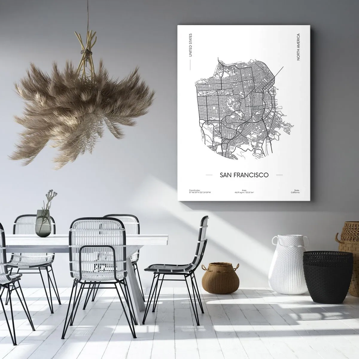 Bild auf Leinwand - Leinwandbild - Eine Karte von San Francisco im minimalistischen Schwarz-Weiß-Stil. - 70x100cm - Anatomie von San Francisco - Moderne Wanddekoration für Wohnzimmer und Schlafzimmer ARTTOR