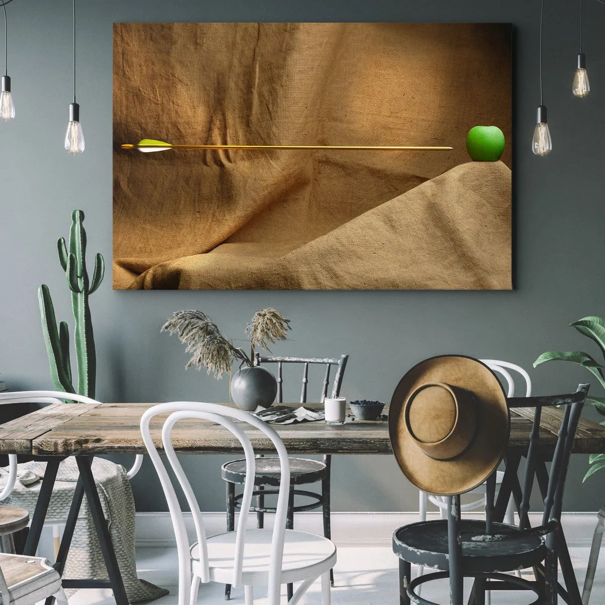 Bild auf Leinwand - Leinwandbild - Grüner Apfel auf Stoff mit einem Pfeil, der eine Komposition ergibt - 70x50cm - Beschwöre den Geist von Wilhelm Tell - Moderne Wanddekoration für Wohnzimmer und Schlafzimmer ARTTOR