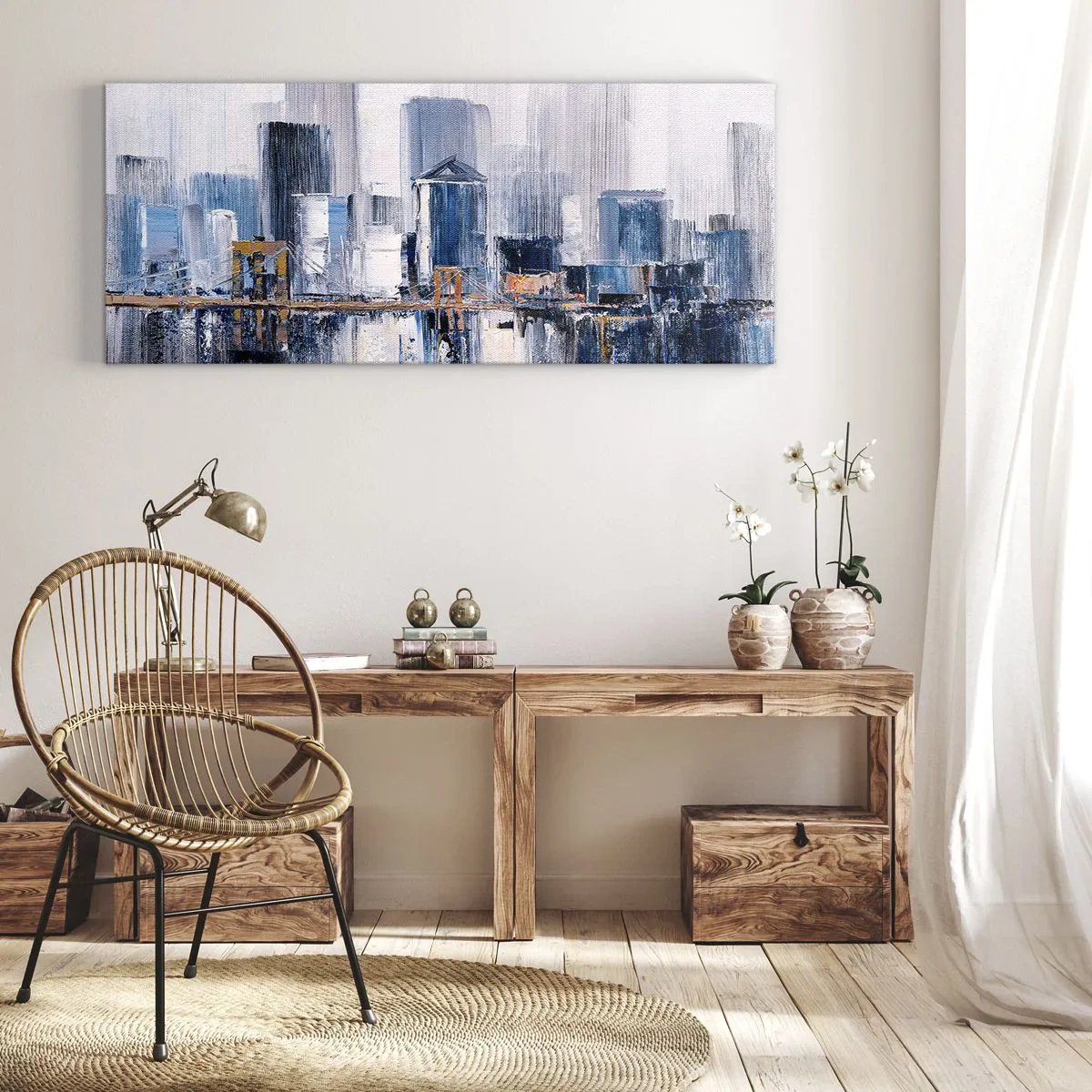 Bild auf Leinwand - Leinwandbild - Abstraktes Stadtpanorama mit Blau- und Gelbtönen - 120x50cm - New Yorker Eindruck - Moderne Wanddekoration für Wohnzimmer und Schlafzimmer ARTTOR