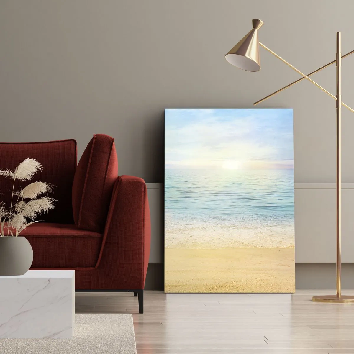 Bild auf Leinwand - Leinwandbild - Ein Strand mit türkisfarbenem Meer und klarem Himmel - 70x100cm - Großes Blau - Moderne Wanddekoration für Wohnzimmer und Schlafzimmer ARTTOR