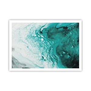 Poster - Abstrakte Komposition in Türkistönen auf weißem Hintergrund - 100x70cm - Verschmelzen in Weiß und Türkis - Moderne Wanddekoration für Wohnzimmer und Schlafzimmer ARTTOR