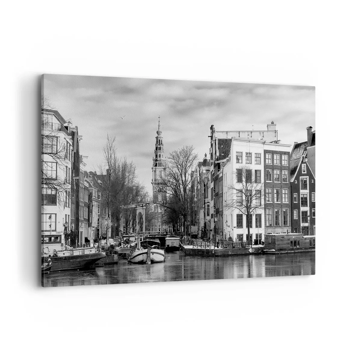 Bild auf Leinwand - Leinwandbild - Schwarz-Weiß-Panorama von Amsterdam mit Kanal und historischen Gebäuden - 120x80cm - Amsterdamer Atmosphäre - Moderne Wanddekoration für Wohnzimmer und Schlafzimmer ARTTOR