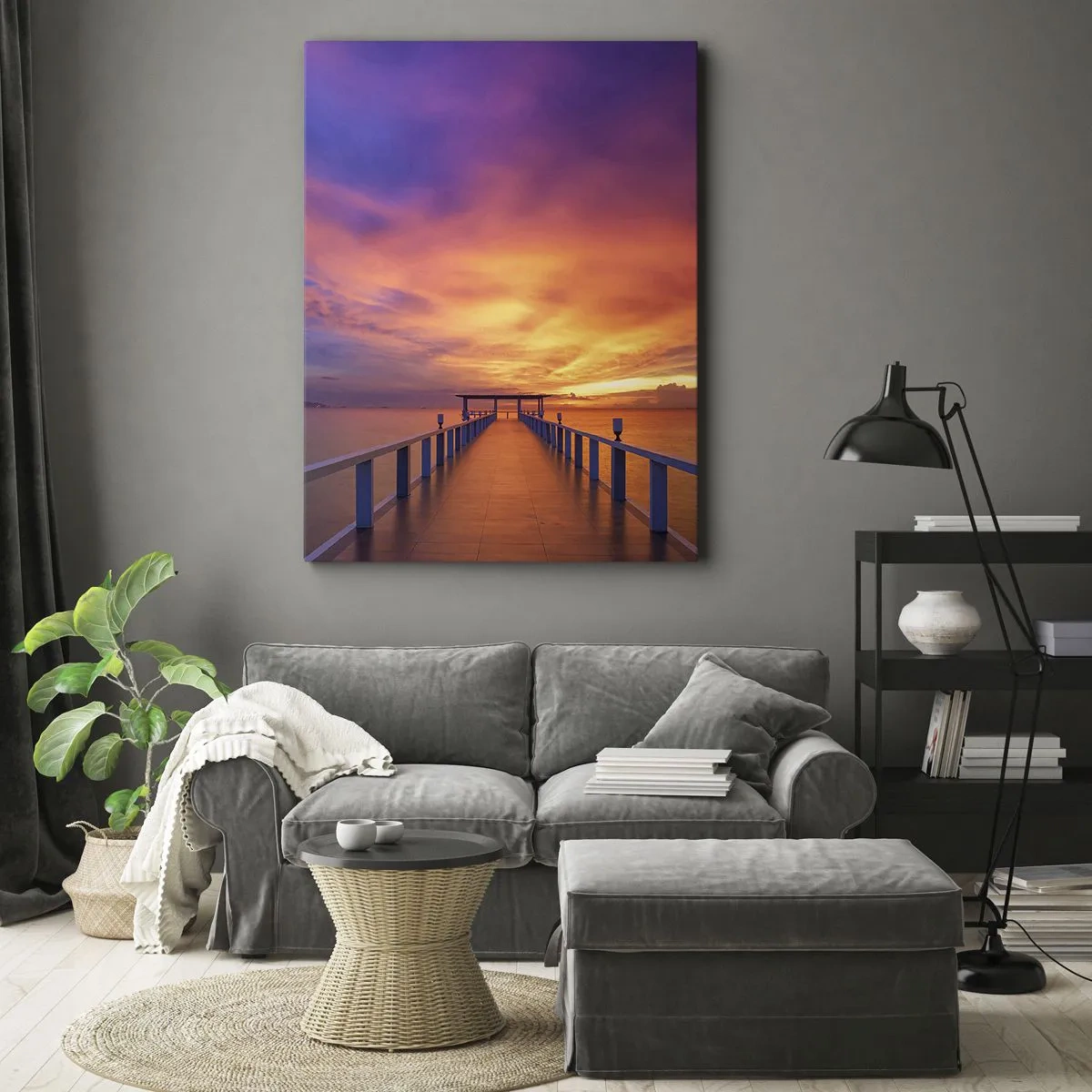 Bild auf Leinwand - Leinwandbild - Ein Steg, der bei Sonnenuntergang aufs Meer hinausführt - 50x70cm - Ohne Ende - Moderne Wanddekoration für Wohnzimmer und Schlafzimmer ARTTOR