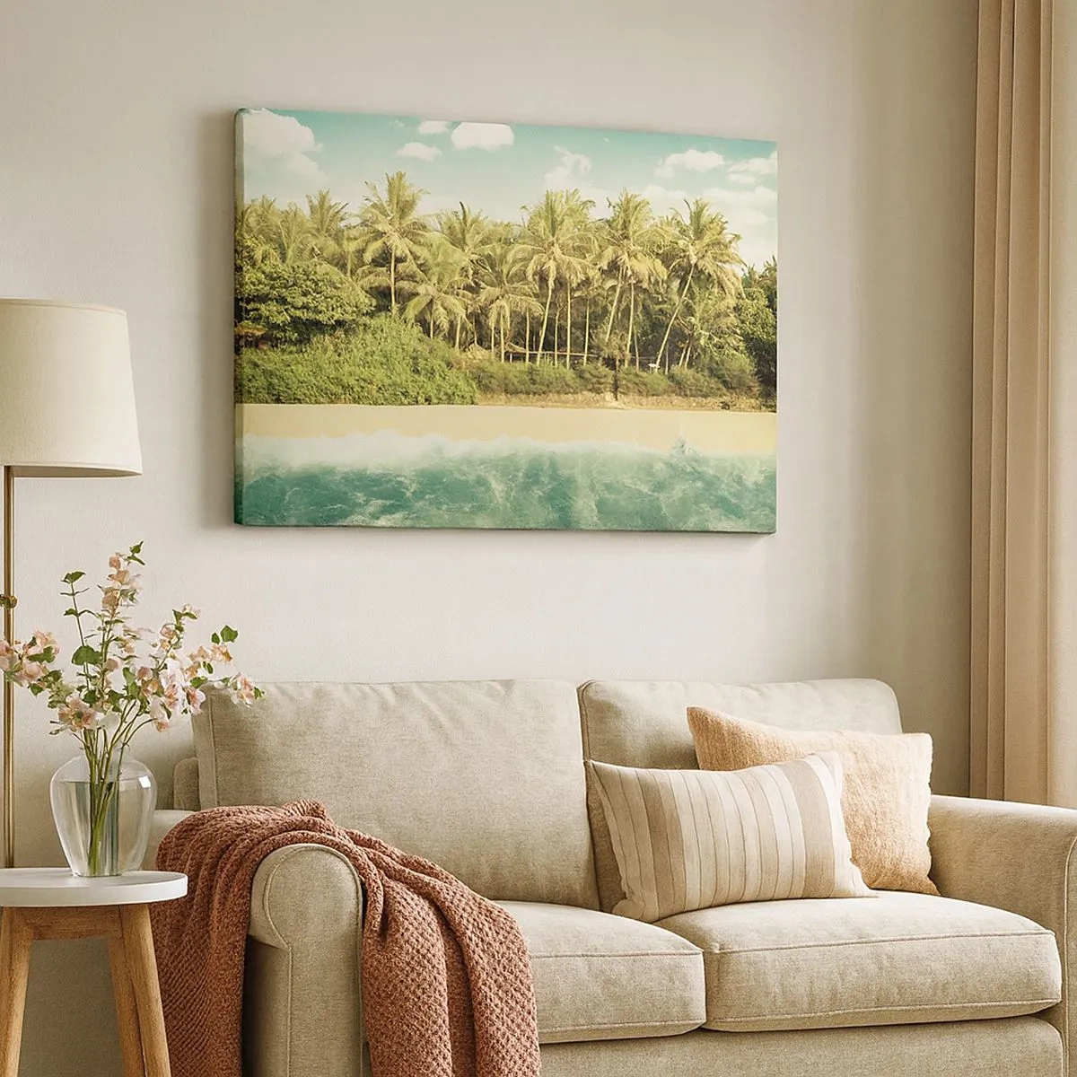 Bild auf Leinwand - Leinwandbild - Tropischer Strand mit Palmen und türkisfarbenem Meer - 70x50cm - Wie wäre es hier? - Moderne Wanddekoration für Wohnzimmer und Schlafzimmer ARTTOR