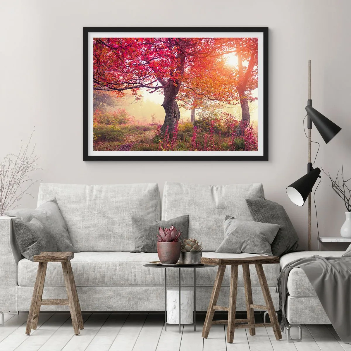 Poster in einem schwarzem Rahmen - Herbstlandschaft mit Bäumen in intensiven Farben - 70x50cm - Blühende Raserei - Moderne Wanddekoration für Wohnzimmer und Schlafzimmer ARTTOR
