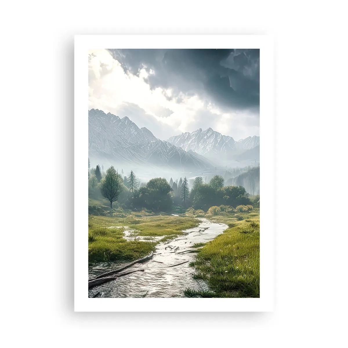 Poster - Ein Gebirgstal mit einem Fluss und majestätischen Bergen im Hintergrund - 50x70cm - Hin und zurück - Moderne Wanddekoration für Wohnzimmer und Schlafzimmer ARTTOR