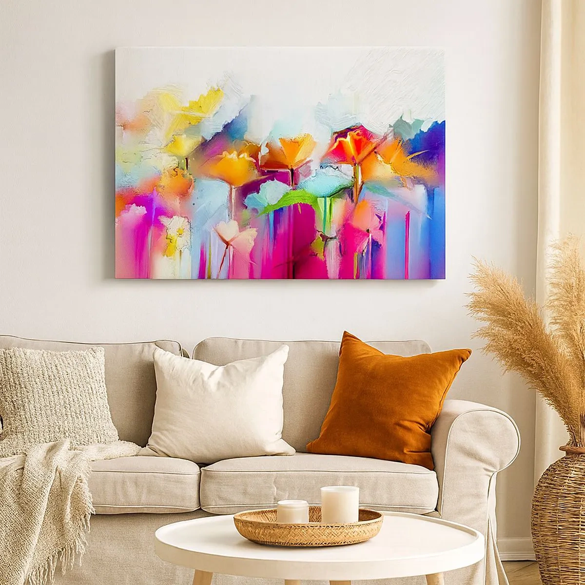 Bild auf Leinwand - Leinwandbild - Abstrakte bunte Blumen auf hellem Hintergrund - 70x50cm - Der Regenbogen ist aufgeblüht - Moderne Wanddekoration für Wohnzimmer und Schlafzimmer ARTTOR