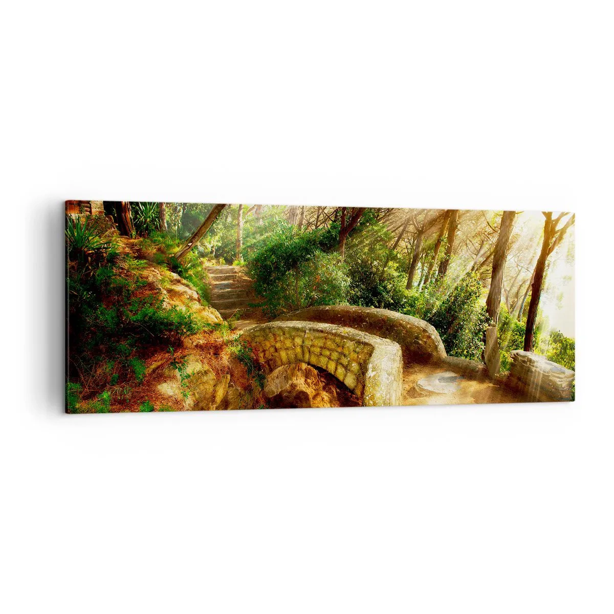 Bild auf Leinwand - Leinwandbild - Waldlandschaft mit Sonnenstrahlen und einer Steinbrücke - 140x50cm - Direkt von der Brücke in den Märchenwald - Moderne Wanddekoration für Wohnzimmer und Schlafzimmer ARTTOR