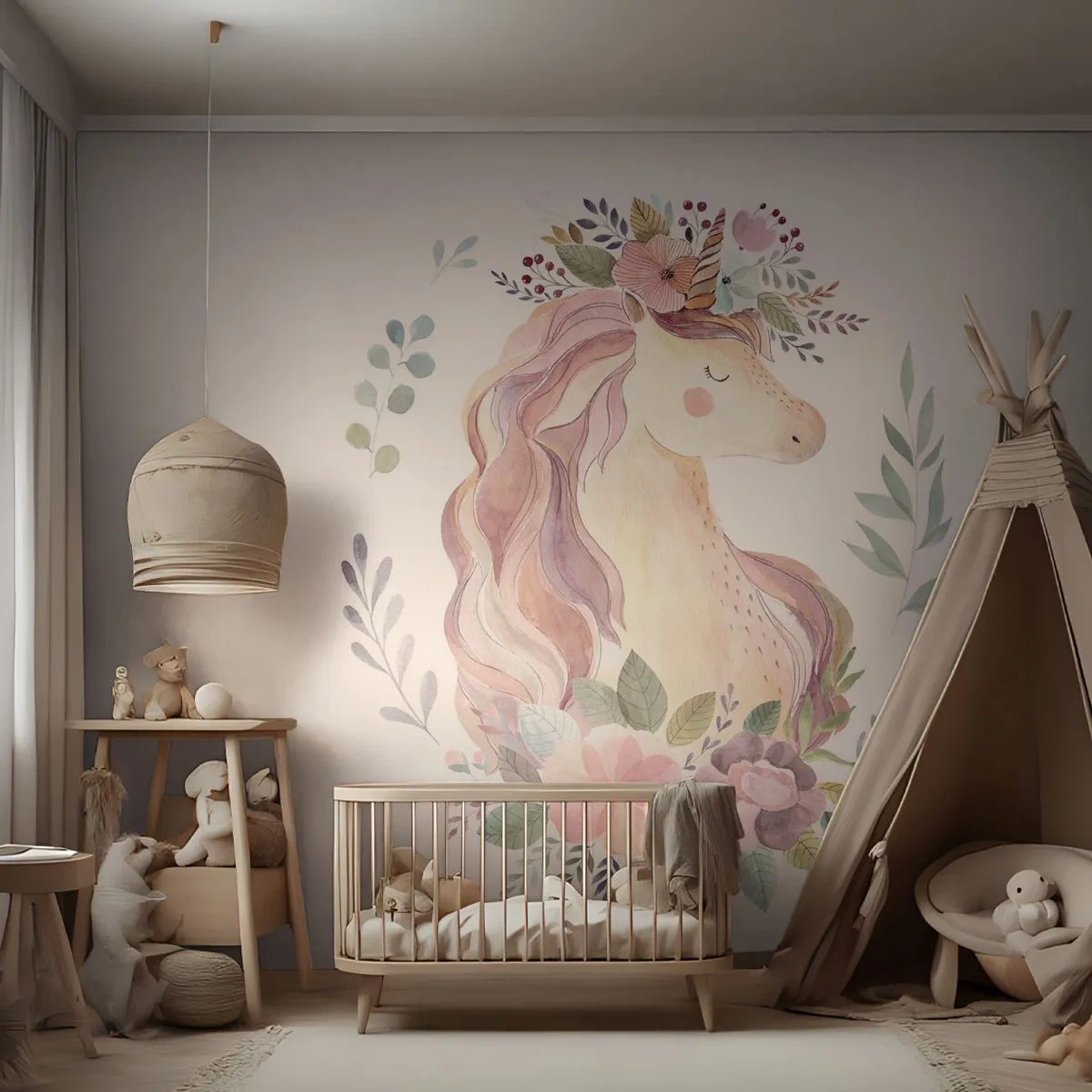Fototapete Standard Eco - Pastellfarbenes Einhorn zwischen Blumen und Blättern - 100x70cm - Eine Einladung in die Welt der Märchen - Moderne Wanddekoration für Wohnzimmer und Schlafzimmer ARTTOR