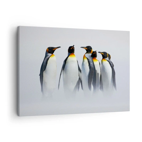 Bild auf Leinwand - Leinwandbild - Eine Gruppe Kaiserpinguine im Winternebel - 70x50cm - Treffen in Abendkleidern - Moderne Wanddekoration für Wohnzimmer und Schlafzimmer ARTTOR