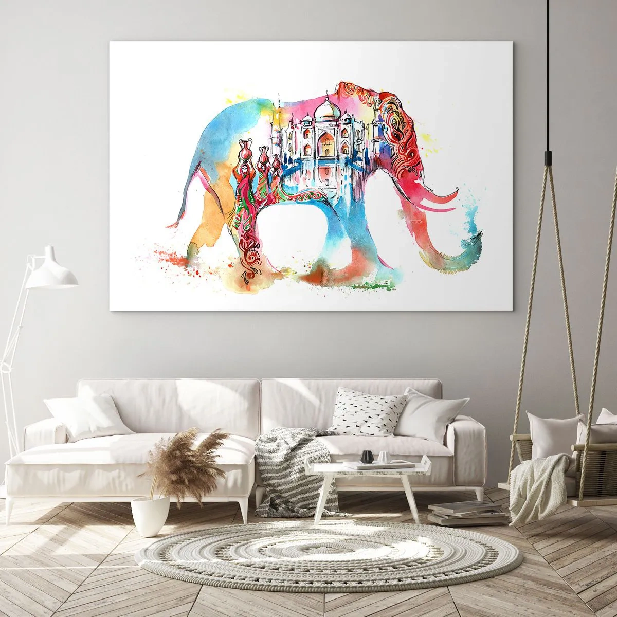 Glasbild - Bild auf glas - Farbenfrohes Aquarellbild eines Elefanten mit indianischem Motiv - 120x80cm - Indien – die Aura der Liebe - Moderne Wanddekoration für Wohnzimmer und Schlafzimmer ARTTOR