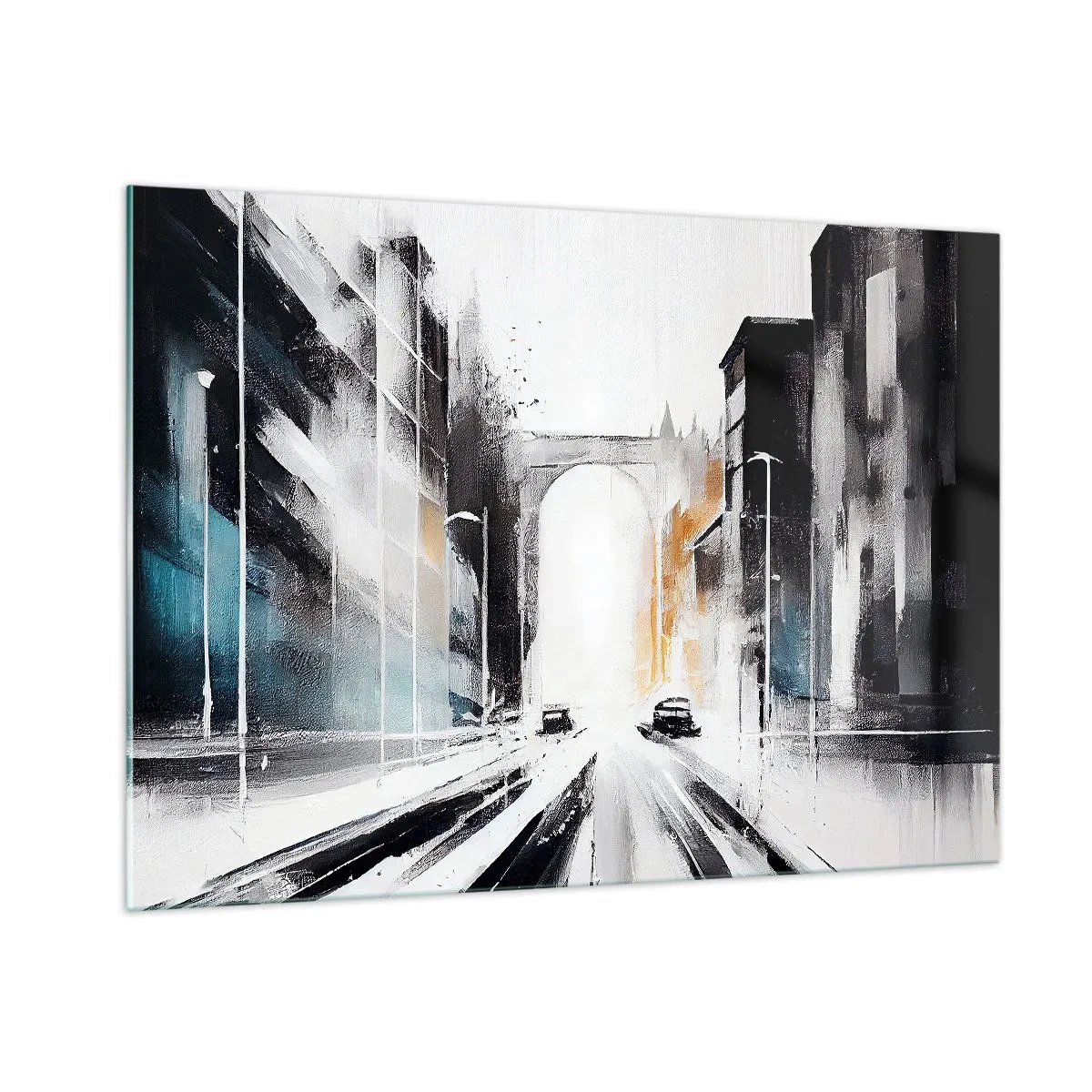 Glasbild - Bild auf glas - Eine dynamische Stadtstraße mit Autos und einem Bogen im Hintergrund im malerischen Stil. - 100x70cm - Stadtstudie: Architektur und Bewegung - Moderne Wanddekoration für Wohnzimmer und Schlafzimmer ARTTOR
