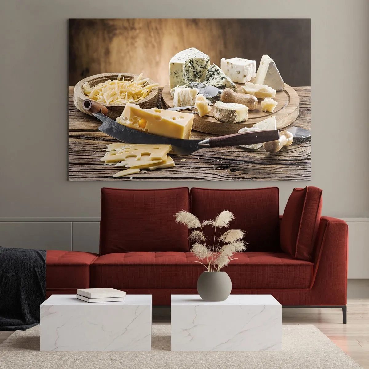 Glasbild - Bild auf glas - Käsebrett mit Messer auf rustikalem Tisch - 70x50cm - Lächeln Sie den Käse an - Moderne Wanddekoration für Wohnzimmer und Schlafzimmer ARTTOR