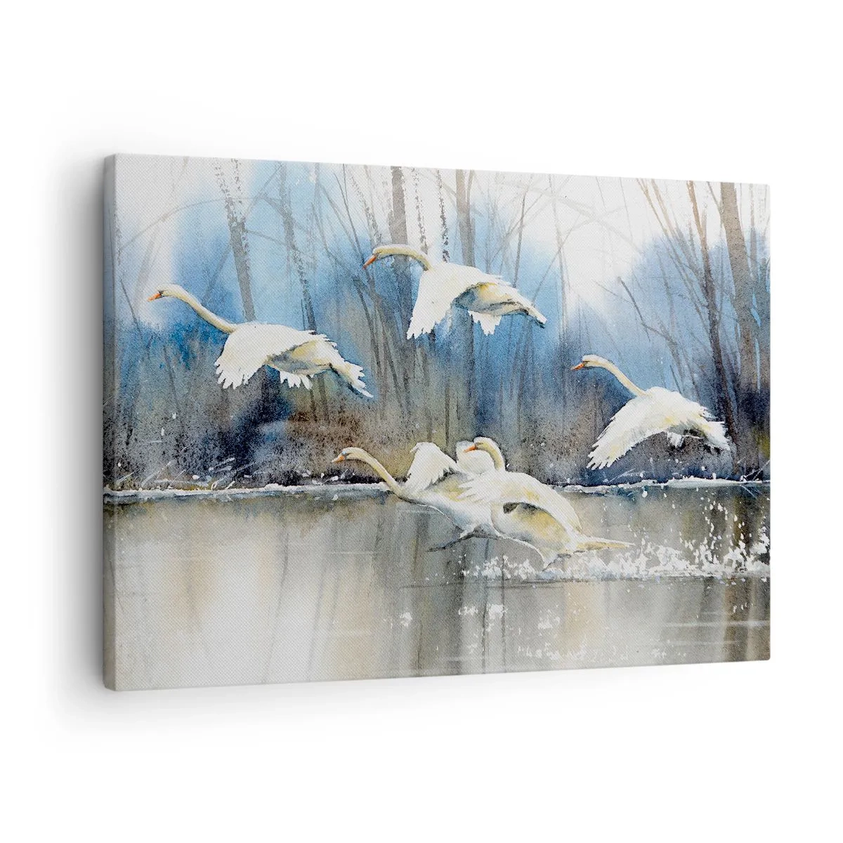 Bild auf Leinwand - Leinwandbild - Schwäne im Flug über einem zugefrorenen See in einer Winterlandschaft - 70x50cm - Wie im Märchen von den wilden Schwänen - Moderne Wanddekoration für Wohnzimmer und Schlafzimmer ARTTOR