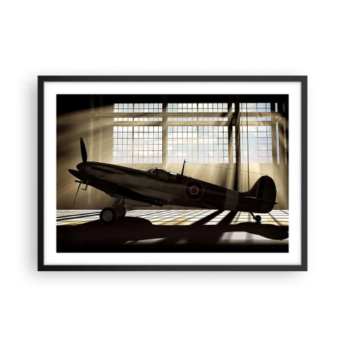 Poster in einem schwarzem Rahmen - Ein historisches Flugzeug in einem Hangar, beleuchtet vom Sonnenlicht - 70x50cm - Die Ruhe eines Kriegers - Moderne Wanddekoration für Wohnzimmer und Schlafzimmer ARTTOR