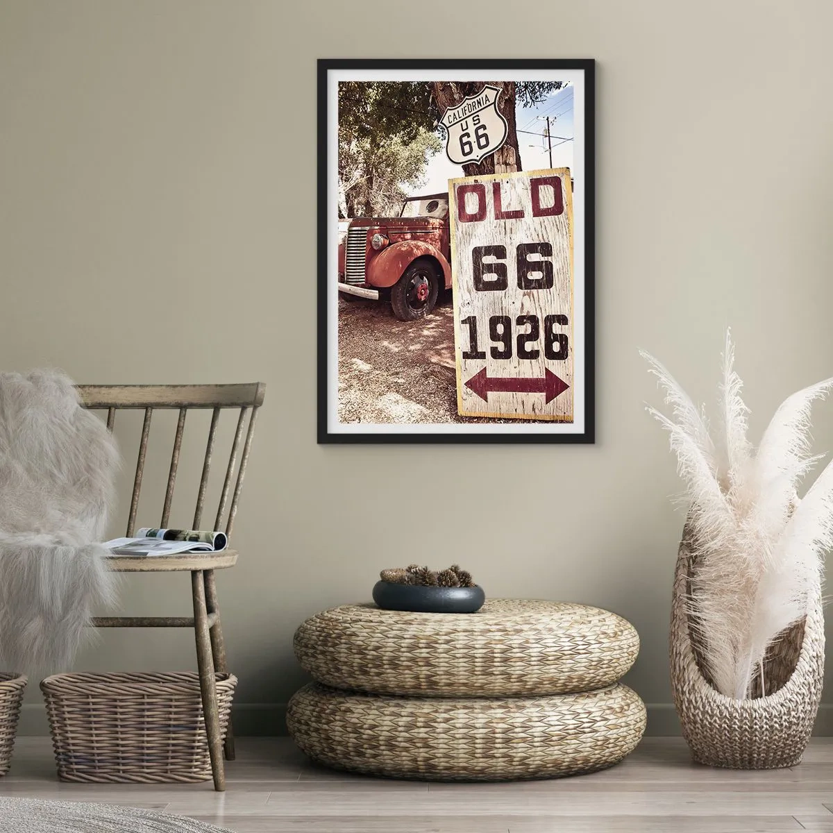 Poster in einem schwarzem Rahmen - Oldtimer am Route 66-Schild - 50x70cm - Die Legende der amerikanischen Provinz - Moderne Wanddekoration für Wohnzimmer und Schlafzimmer ARTTOR
