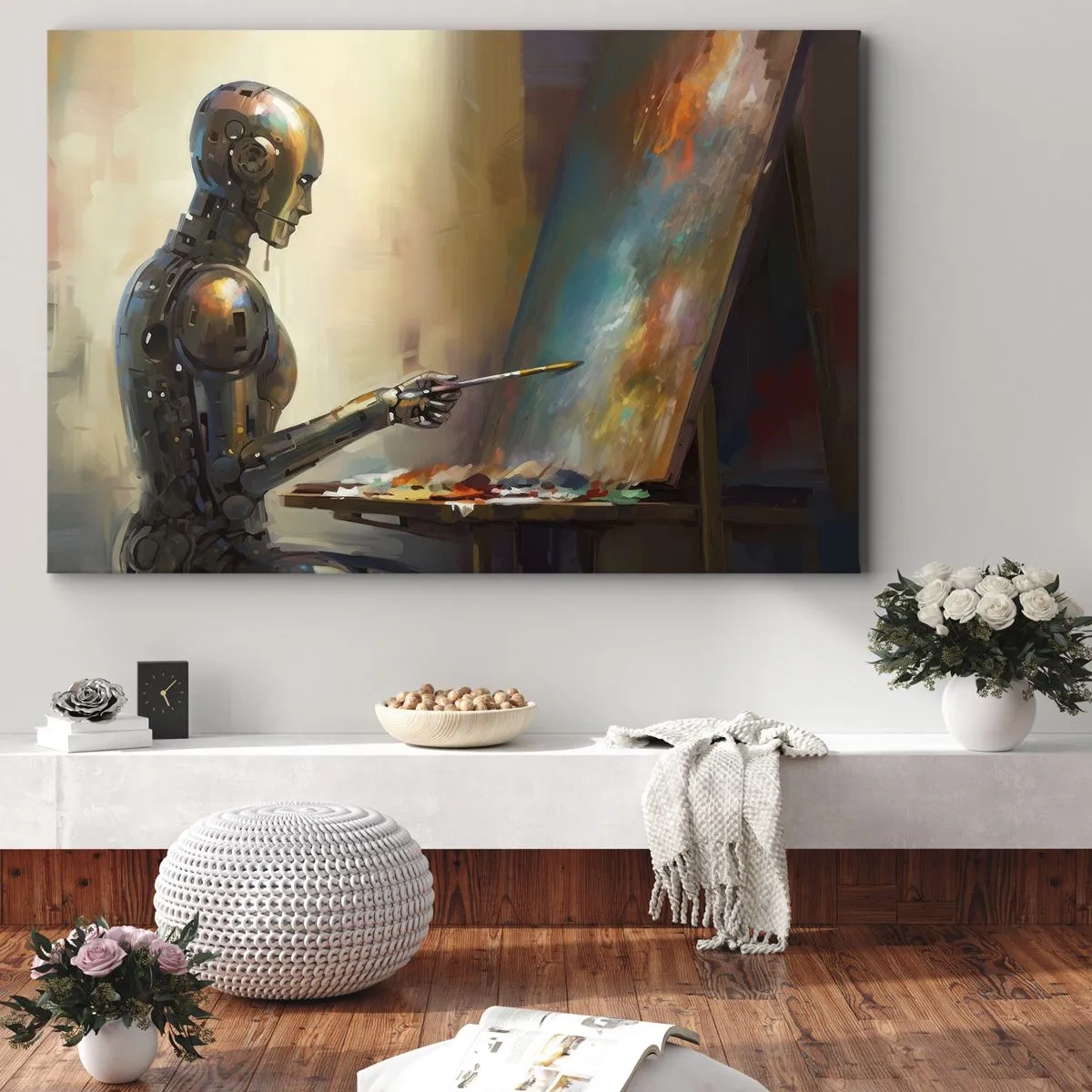 Bild auf Leinwand - Leinwandbild - Ein Roboter, der im künstlerischen Stil auf einer Leinwand malt - 70x50cm - Die Kunst der Zukunft - Moderne Wanddekoration für Wohnzimmer und Schlafzimmer ARTTOR