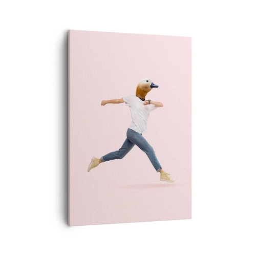 Bild auf Leinwand - Leinwandbild - Eine surrealistische Figur mit einem Entenkopf in Bewegung - 50x70cm - Eine Prise Absurdität - Moderne Wanddekoration für Wohnzimmer und Schlafzimmer ARTTOR