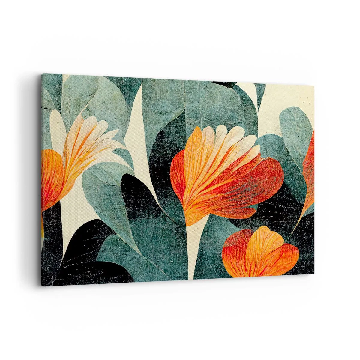 Bild auf Leinwand - Leinwandbild - Blüten in intensiven Orange- und Grüntönen - 100x70cm - Hitze der Tropen und Kühle des Grüns - Moderne Wanddekoration für Wohnzimmer und Schlafzimmer ARTTOR