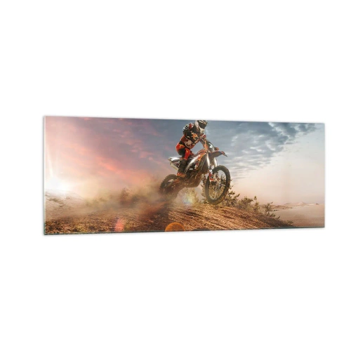 Glasbild - Bild auf glas - Motorradfahrer in den Dünen bei Sonnenuntergang - 140x50cm - Für den Sieg - Moderne Wanddekoration für Wohnzimmer und Schlafzimmer ARTTOR