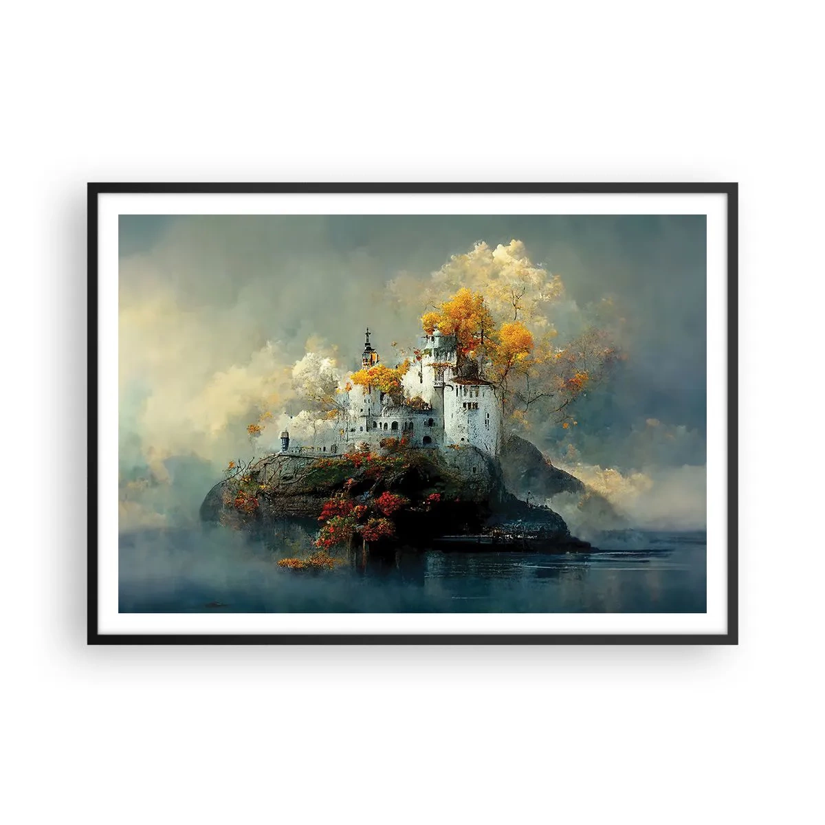 Poster in einem schwarzem Rahmen - Ein Schloss auf einem Hügel, umgeben von herbstlichen Bäumen - 100x70cm - Beginn einer romantischen Geschichte - Moderne Wanddekoration für Wohnzimmer und Schlafzimmer ARTTOR